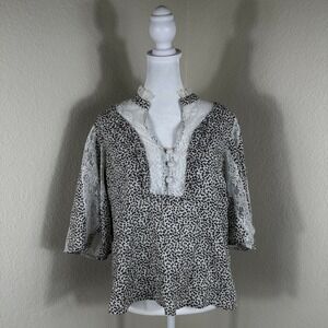 Anthropologie Blouse Women Small Gray Floral Lace Trim Boho Cottagecore Top